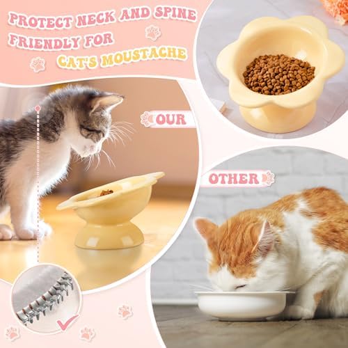 Hushee 2 Pcs Ceramic Raised Cat Bowls 7 oz Flower Shaped Cat Food Dish Stress Free on Neck and Spine Dishwasher Safe Feeding Bowls for Small Kitten - Image 4