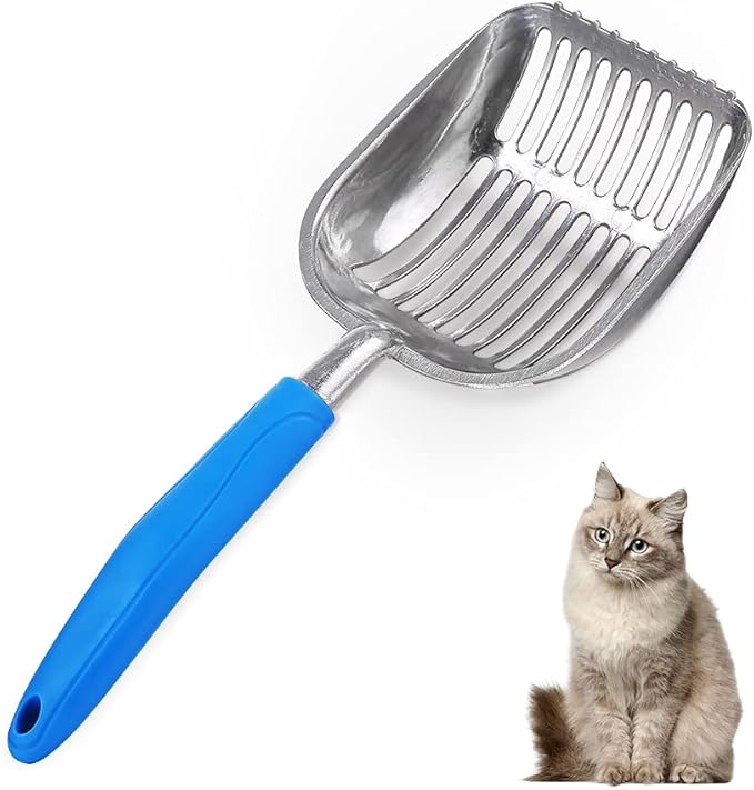 The Latest Update Metal Cat Litter Scoop POLISHING Blue Handle,Aluminum Alloy with TABS/Round Teeth Pet Kitty Litter Scooper