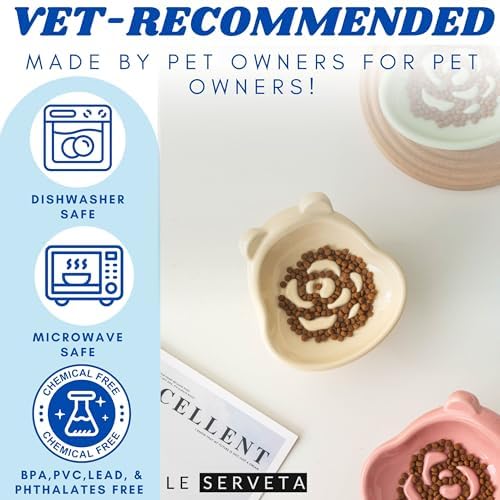 Winnie The Pooh Series Ceramic Slow Feeder Cat Bowl, Raised Anti-Gulping Design with Bear Ears, Pastel Colors, Quilted Pattern Base (Pink) - Image 5