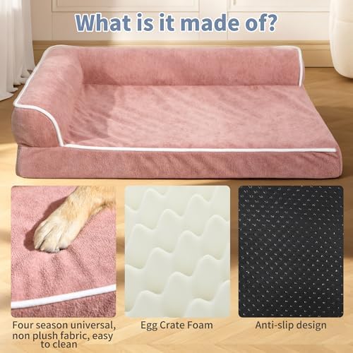 Orthopedic Dog Bed with Pillow L-Shape Dog Sofa for Large Medium Dogs, Dogs Couch with Removable Washable Cover, Pet Bed with Nonskid Bottom(Pink, X-Large(42x30in)) - Image 3