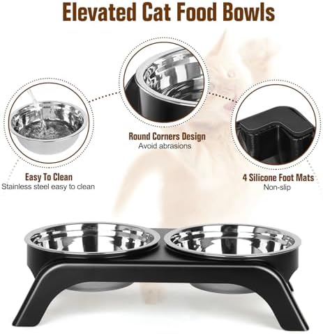 Elevated Cat Bowls, Anti Vomiting Raised Cat Food Bowl with 2 Stainless Steel Bowls, Prevent Neck Pain Cat Bowl Set, ABS Anti Slip Stand Cat Bowls for Indoor Cats & Puppies (Grey) - Image 3