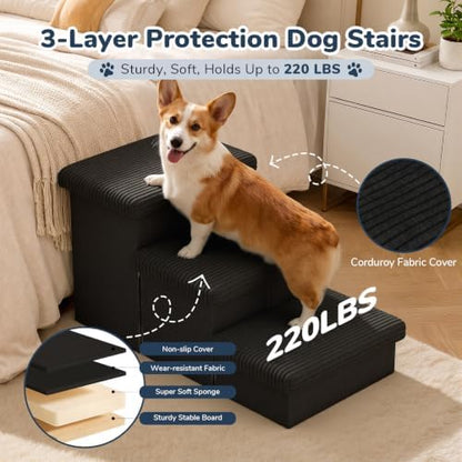 3-Step Wide Dog Stairs 18" H with Removable Cover, Non-Slip Storage Pet Steps for High Bed Couch, Pet Stairs for Small/Medium/Large Old Dogs Puppy Up to 200lbs, Cat Dog Steps for Car, Black - Image 3