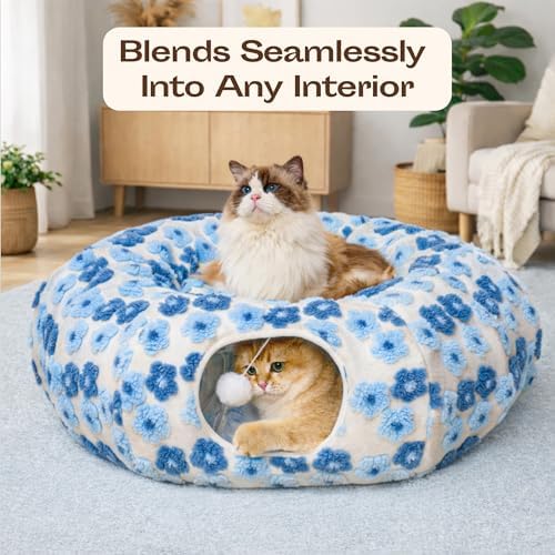 Meowfia Indoor Cat Tunnel with Donut Bed - Large Flexible Play Space for Multiple Pets - Circle or Snake Shape, Cozy Lounge (Blue Blossom) - Image 4