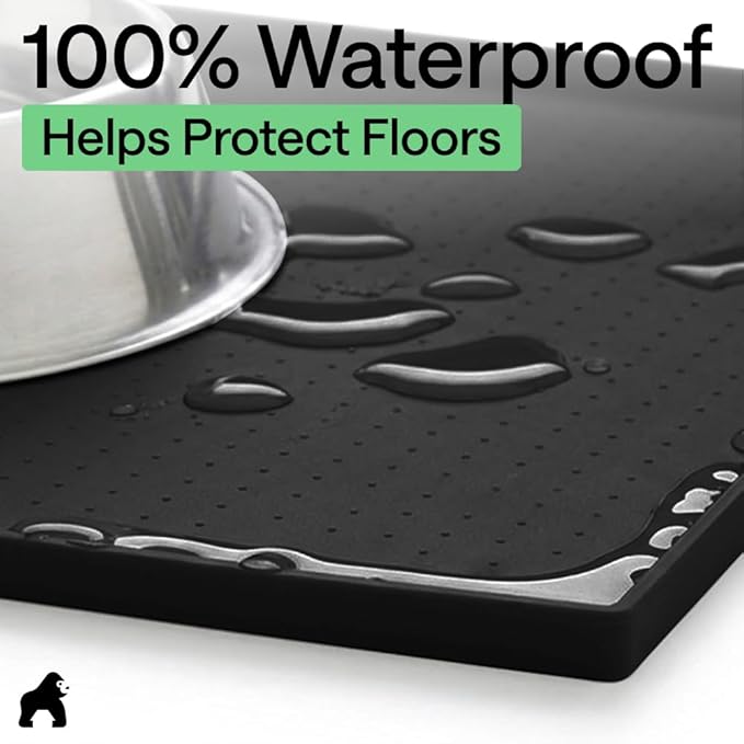 GORILLA GRIP 100% Waterproof Raised Edge BPA Free Silicone Pet Feeding Mat, Dog Cat Food Mats Contain Spills Protects Floors, Placemats for Cats and Dogs Water Bowl, Pets Accessories 32x24 Black