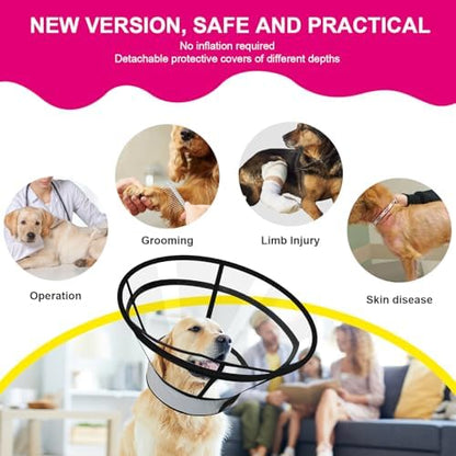 Sponge Core Dog Cat Cone Collar for After Surgery Recovery, Inflatable Dog Cone Alternative, Lainergie Dogs Donut Collar Adjustable with 2PCS Cover for Large Medium Small Dogs Cats (Grey+Pink, S) - Image 2