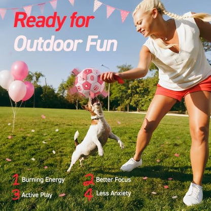 QDAN Dog Birthday Toys, Pink Soccer Ball with Straps, Interactive Tug of War Toy, Puppy Birthday Gifts, Water Toy, Durable Dog Balls for Medium Large (8 Inch) - Image 5