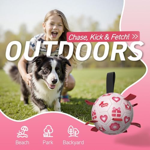 QDAN Valentines Gift Dog Toys, 8 Inch Dog Soccer Ball with Straps, Pink - Image 4