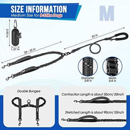 SlowTon Double Leash for Two Dogs, No Tangle & with Two Handles, Black M - Image 2