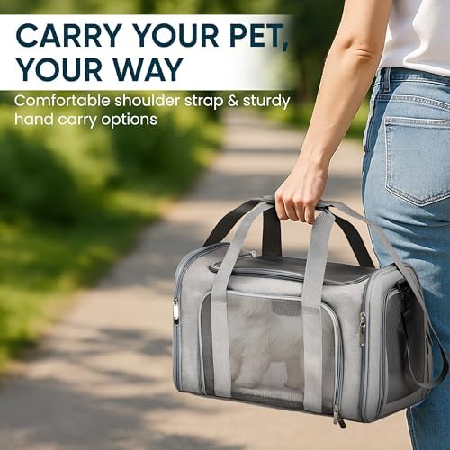 Pet Travel Carrier Bag – Airline Approved Soft-Sided Dog & Cat Carrier, Foldable, Breathable Mesh, Washable Pad – Fits Pets up to 15 lbs – The Pup Quartet (Grey) - Image 7