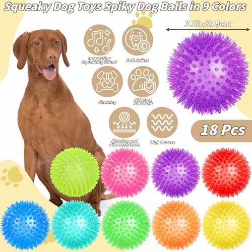 18 Pcs 3.5 in Squeaky Dog Toy Balls Dog Chew Toy for Teething Durable High Bounce TPR Fetch Spike Balls 9 Colors Water Toy for Small Medium Large Dog Aggressive Chewers Clean Teeth and Training - Image 2