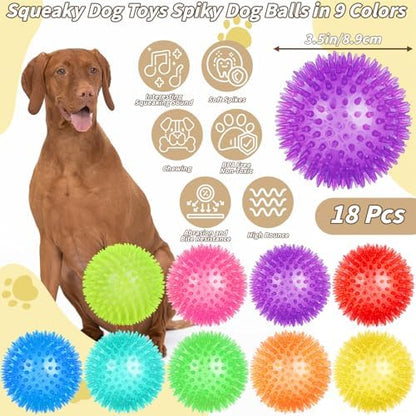 18 Pcs 3.5 in Squeaky Dog Toy Balls Dog Chew Toy for Teething Durable High Bounce TPR Fetch Spike Balls 9 Colors Water Toy for Small Medium Large Dog Aggressive Chewers Clean Teeth and Training - Image 2