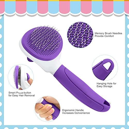 Cat Brushes for Indoor Cats, Dog Brush for Shedding with Metal Cat Comb, Self Cleaning Pet Hair Brush with Release Button for Grooming Kitten(Purple) - Image 3