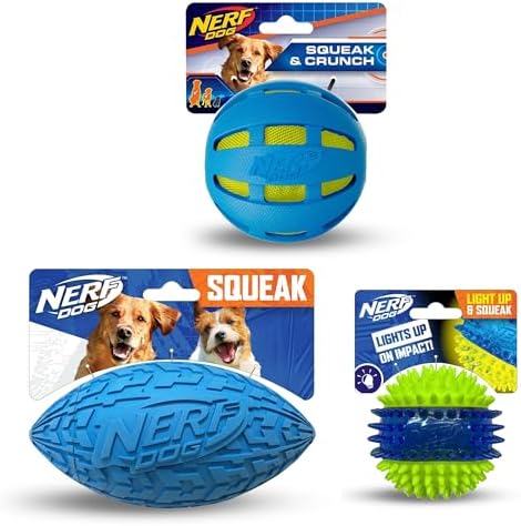 Nerf Dog Toy Gift Set, 3-Piece Set of Outdoor Dog Toys for Fetch, Includes Checker Crunch Ball, Spike LED Squeak Ball and Tire Squeak Football by GramercyProductsInc