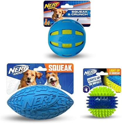 Nerf Dog Toy Gift Set, 3-Piece Set of Outdoor Dog Toys for Fetch, Includes Checker Crunch Ball, Spike LED Squeak Ball and Tire Squeak Football by GramercyProductsInc