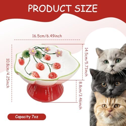 Ceramic Strawberry Raised Cat Bowl – Elevated Cat Food Bowl for Anti Vomit, Spine Protection & Whisker Friendly, Cute Tilted Bowl for Indoor Cats, Flat-Faced Cats (Red) - Image 2