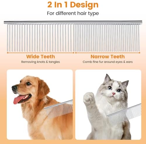 PETTOM 2Pcs Stainless Steel Dog Comb, Round Tooth Cat Comb with 2 Tooth Widths, Metal Combs for Removing Knots and Tangles, Grooming Tool for Long and Short Hair Pets, 7.5 IN Silver - Image 2