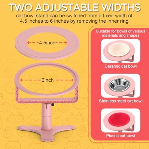 Raised Cat Bowls with Height-Adjustable Stand 15° Tilted Cat Food Bowls Non-Slip Feeder Adjusts to 2.4", 4.02",5.98" with Stainless Steel Bowls Whisker Friendly for Cats and Puppy (Pink) - Image 3