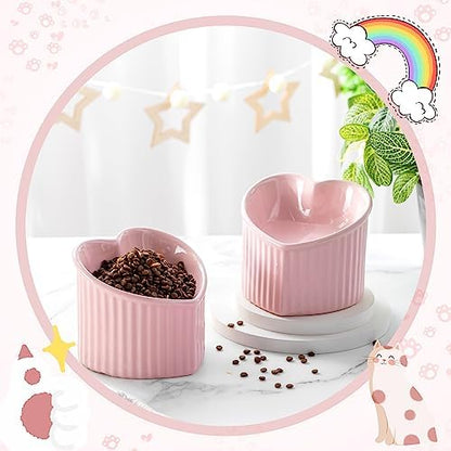 Mumufy 2 Pcs Ceramic Elevated Cat Bowls Tilted Elevated Raised Pet Bowls Anti Vomit Cat Dish for Indoor Stress Free Water Dish Feeder for Puppies, Heart Shaped(Pink) - Image 4