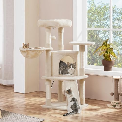Yaheetech Cat Tree, 42in Play Tower for Indoor Cats, Kitten House with Large Perch & Scratching Posts & Cozy Condo & Scratching Ramp, Cat Furniture Activity Center, Beige - Image 2