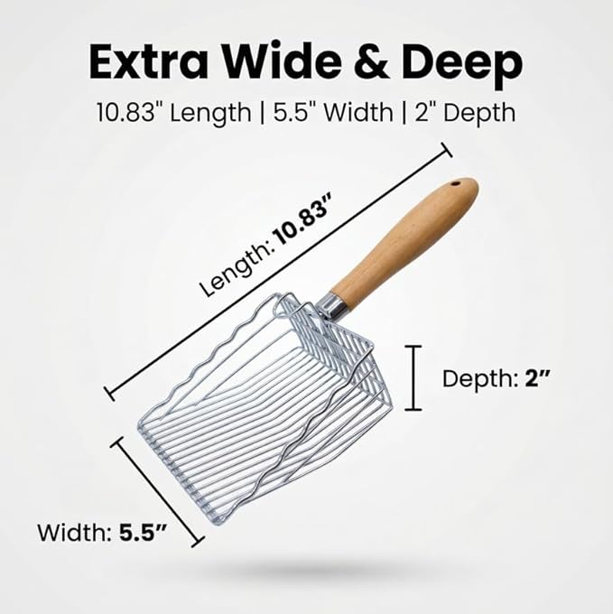 2 Pack Metal Cat Litter Scoops, Heavy-Duty Kitty Scooper with Hook, Stainless Steel Kitten Poop Lifter for Litter Box, Speed Sifter with Comfortable Beech Wood Grip