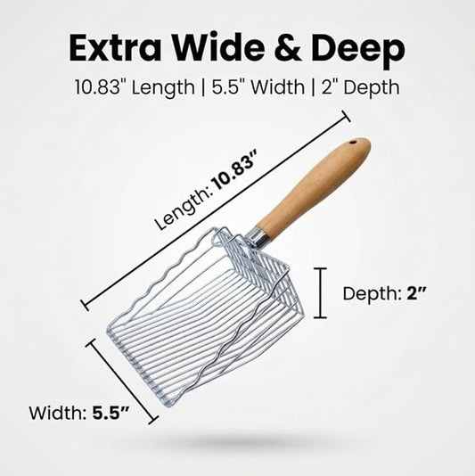 2 Pack Metal Cat Litter Scoops, Heavy-Duty Kitty Scooper with Hook, Stainless Steel Kitten Poop Lifter for Litter Box, Speed Sifter with Comfortable Beech Wood Grip