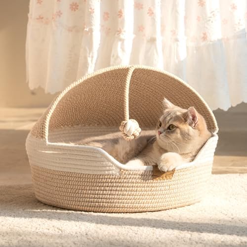 CHEERPALS Cat Basket Bed with Washable Cushion and Ball Rope Cotton, Covered Pet Bed for Indoor Cats Cave Bed Hooded, Stimulicat Cat Bed Handwoven Breathable, All Season Universal(White) - Image 2