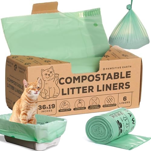 Cat Litter Box Liners 100% Compostable - Drawstring Close - 6 Count - Jumbo Size 36" x 19" - Tear & Leak Resistant - OK Compost Home Certified by Unknown