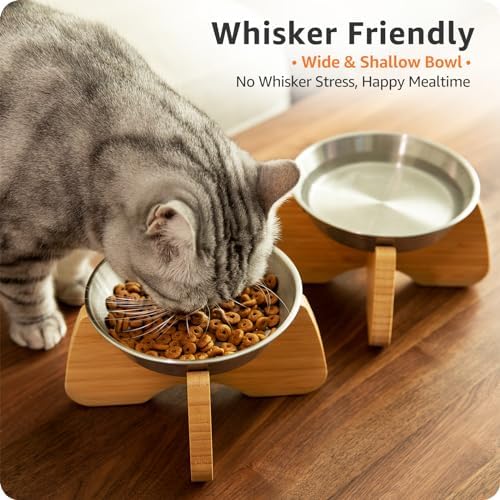 Raised Stainless Steel Cat Bowl with Bamboo Stand (2 Pcak) - Image 3