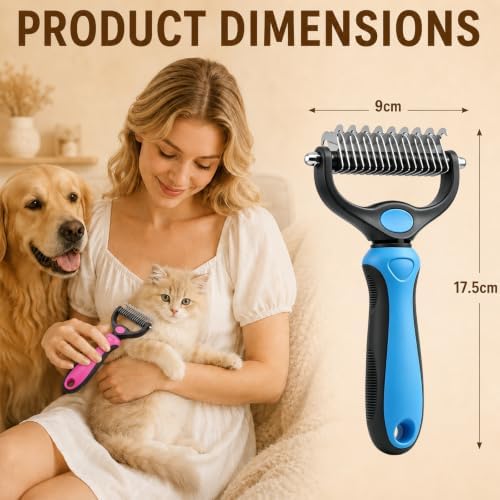 Dematting Comb for Dogs and Cats, Pet Grooming Rake, Double Sided Deshedding Brush for Dogs & Cats, Deshedding Dog Brush Removes Tangles Knots and Loose Fur for Long Haired Pets (Blue+pink) - Image 7