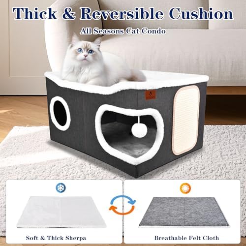 Extra Large Cat Beds for Indoor Cats, Covered Cat Cave Beds & Furniture with Scratch Pad and Fluffy Ball, Foldable Cat Condo with Reversible Cushion for Multi Small Pet Large Kittens, Dark Grey - Image 5