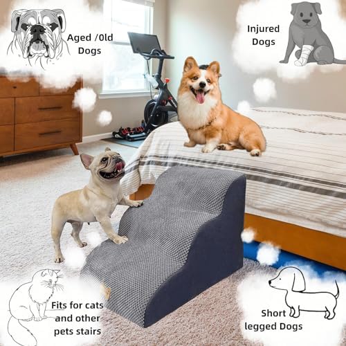 3-Step Dog Stairs for High Beds & Couches Multi-Step Non-Slip Pet Steps with Balanced Ramp Indoor 2 3 4 5 Step Stairs for Small to Large Dogs and Cats Non-Slip Stickers 30D Grey - Image 2