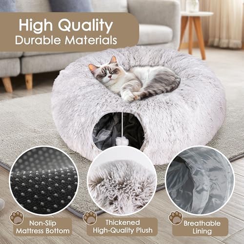 Peekaboo Cat Cave with Washable Mat, Collapsible Cat Play Tunnel for Kittens & Small Pets, Plush Cat Donut Bed Tunnel, Brown - Image 6