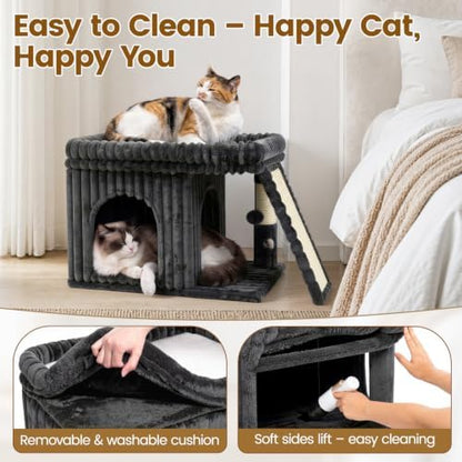 Cat Tree Tower with Scratching Post for Large Kitty, Gray Ribbed - Image 5