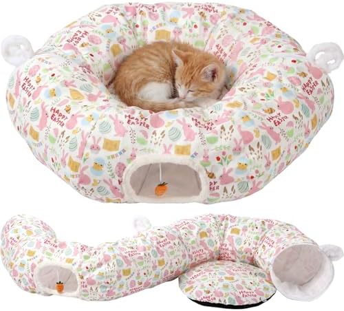 Aliceset Easter Bunny Cat Tunnel Bed for Indoor Cats 3ft x 3ft x 10in Foldable Cat Donut Tunnel with Washable Cushion Easter Rabbit Peekaboo Cave Toy for Small Kitten Kitty by Aliceset