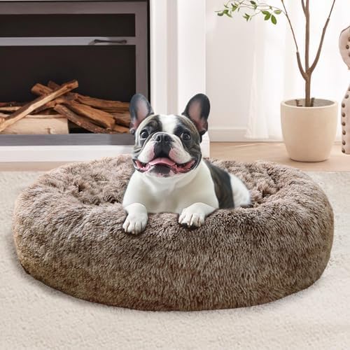 JOLLYVOGUE Calming Small Dog & Cat Bed for Indoor Cats - 20 inches Washable Donut Bed for Kittens & Puppies, Anti-Anxiety Round Fluffy Plush Pet Beds (Fits up to 15 lbs, Smoke Brown) by JOLLYVOGUE