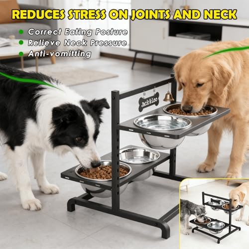 SHAINFUN Elevated Dog Bowl Stand with 4 Stainless Steel Bowls (58oz) & 1 Slow Feeder, 9 Height Adjustable Raised Dog Bowl from 4.9" to 14.5" for Large Dogs & Multi-Pet Homes - Image 2
