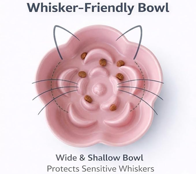Ceramic Elevated Slow Feeder Cat Bowl, Raised and Gently Tilted Feeding Dish with Maze Design, Whisker-Friendly, Easy to Clean, for Indoor Cats and Small Dogs (Blue/Pink)