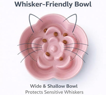 Ceramic Elevated Slow Feeder Cat Bowl, Raised and Gently Tilted Feeding Dish with Maze Design, Whisker-Friendly, Easy to Clean, for Indoor Cats and Small Dogs (Blue/Pink)