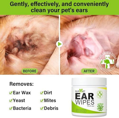 Dog Ear Wipes - Cat Dog Ear Cleaner, Puppy Ear Wipes Wash Cleaner for Dogs Cats - 100 Wipes for Dog Cat Ear Cleaning, Remove Ear Wax Dirt Debris for Dogs Cats Ear Infection Treatment Wipes - Image 2