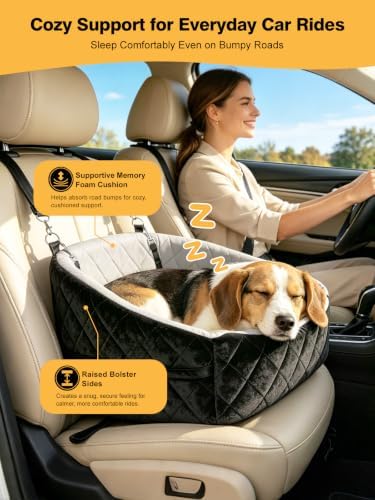 2-in-1 Cat Dog Car Seat for Small Dogs up to 30 lbs Reversible Cool & Warm Pet Travel Bed with Raised Bolster Sides Anti-Slip Base Washable Cover and 2 Safety Tethers - Image 2