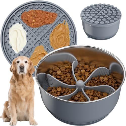 3-in-1 Stainless Steel Slow Feeder Dog Bowl with Lick Mat Storage Lid by Pawinner