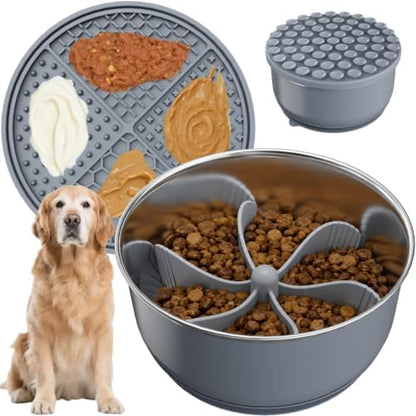 3-in-1 Stainless Steel Slow Feeder Dog Bowl with Lick Mat Storage Lid by Pawinner