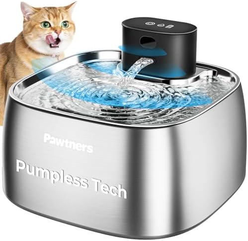 Pawtners Pumpless Cat Water Fountain Stainless Steel 108oz/3.2L, 3 Modes by Pawtners