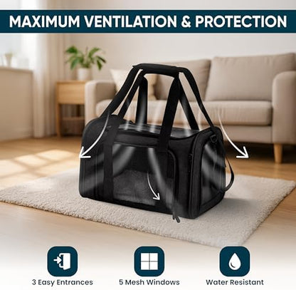 Pet Travel Carrier Bag – Airline Approved Soft-Sided Dog & Cat Carrier, Foldable, Breathable Mesh, Washable Pad – Fits Pets up to 15 lbs – The Pup Quartet (Black) - Image 4