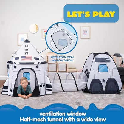 JOYIN White Rocket Ship Pop up Play Tent with Tunnel and Playhouse Kids Indoor Outdoor Spaceship Tent Set - Image 3