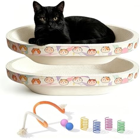 Cat Scratcher Bed with Toys, 2 Pack Upgraded Oval Cat Scratching Cardboard by Unknown