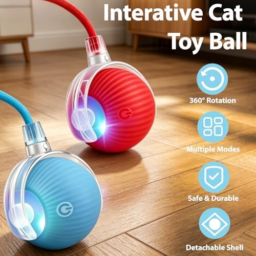 Interactive Cat Toys Ball for Indoor Cats, Automatic Self-Rolling, Motion-Activated, Bird Chirping Cats Dogs Ball Toy with Elastic Mesh Tail, Cat Enrichment Toys for Indoor Cats (Red+Blue) - Image 5