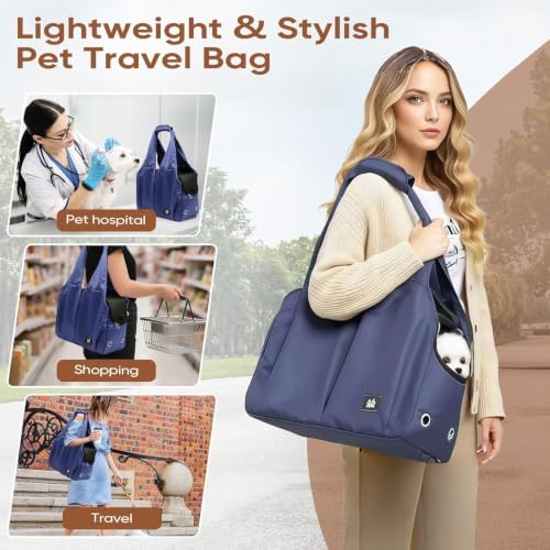 Dog Purse Carrier for Small Dogs, Cats, and Puppies – Soft-Sided Travel Pet Tote Bag with 4 Large Pockets, Foldable, Lightweight, Fits Pets up to 15 lbs, for Travel, Outings (Dark Blue) - Image 5