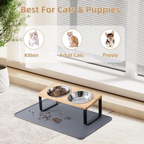 Summark 2 Pack Elevated Cat Bowls with Food Mat,15°Tilted Stand Anti Vomiting Raised Cat Dishes for Food and Water,2 Stainless Steel Bowls for Cats and Puppy - Image 6