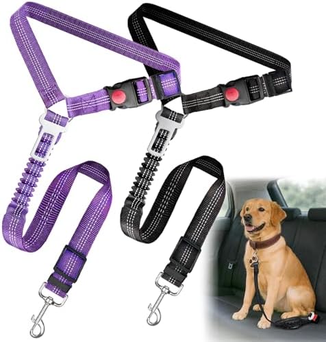 2-Pack Dog Car Seat Belt, 3-in-1 Headrest-Mounted Dog Seatbelt for Car, Adjustable Nylon Pet Safety Leash with Elastic Buffer & Reflective Stitching, Durable Car Harness for Dogs Fits Most Vehicles by Frskcssd